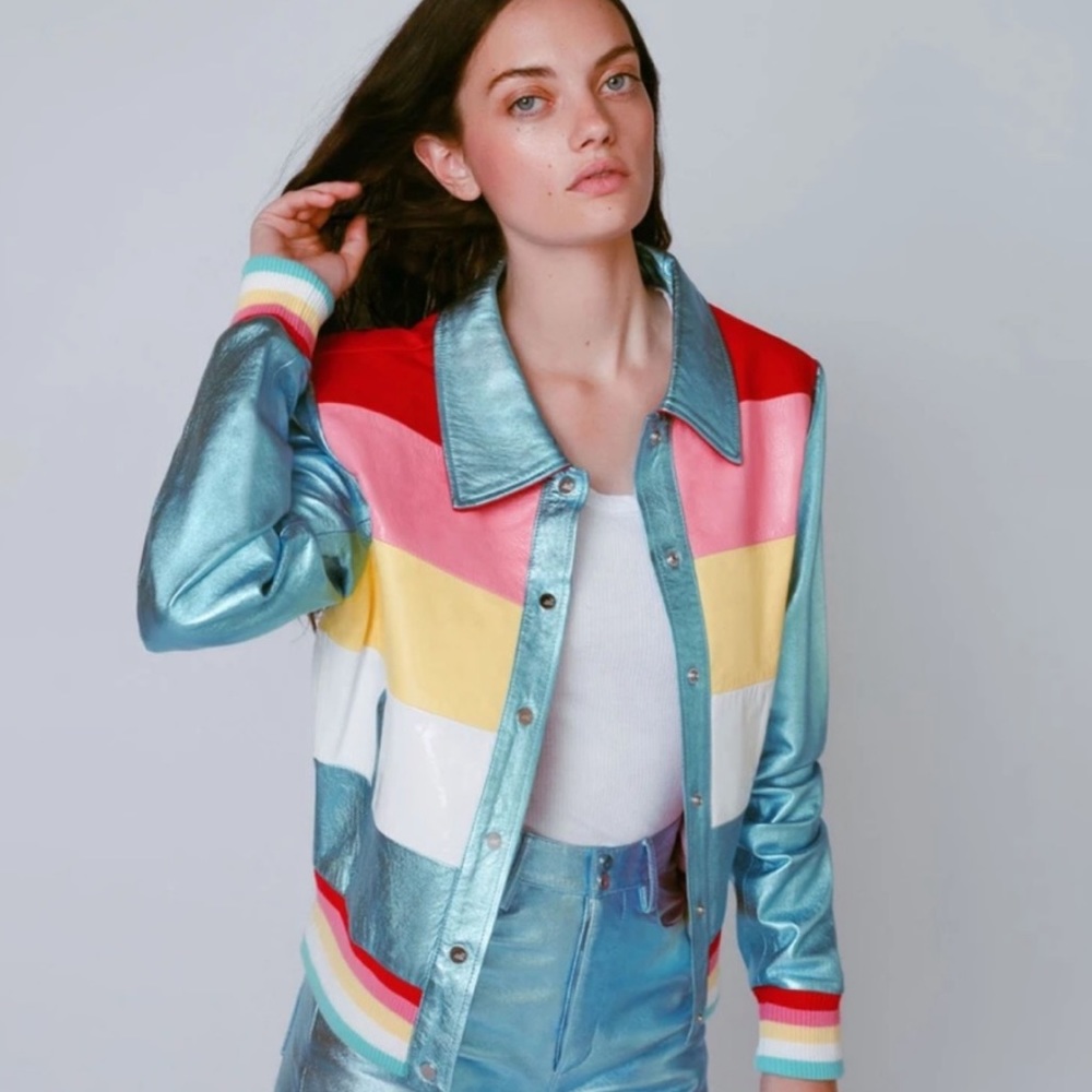 THE MIGHTY COMPANY Metallic Teal Multi-Stripe Bomber Jacket